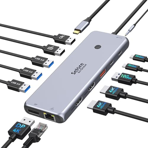 Selore USB C Dockingstation mit Dual HDMI 3 Monitore 2X 4K HDMI,DisplayPort | 2X 4K HDMI, DisplayPort,10G USB 3.1, 3X USB 3.0, 2X USB 2.0, Gigabit Ethernet,100W PD, USB C Hub Data Transfer, 3.5mm Audio