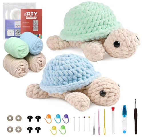 DEMIUKO Häkeln für Anfänger Tiere Häkelset 2 Stück Schildkröte Stricken Set für Erwachsene Kinder Anfänger Strickset Crochet Kit mit Video Anleitung Nadel Garn DIY Häkel Zubehör Bastelset Geschenk
