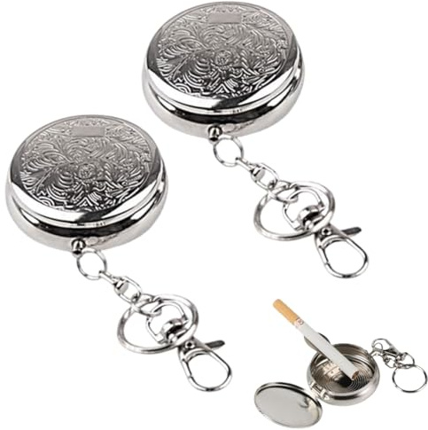 OUDQFCJ 2 Pcs Tragbar Tasche Aschenbecher, Mini Edelstahl Fahrzeug Zigaretten Aschenbecher mit Schlüsselanhänger für Reisen Camping und Outdoor Silber Moderne Reiseaschenbecher