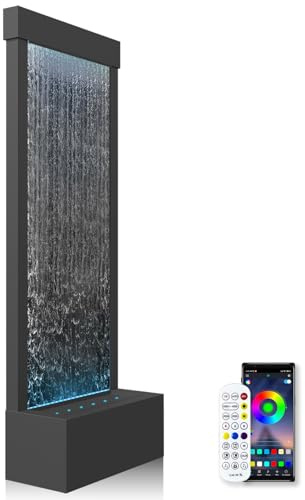 LONGRUN Gartenbrunnen Groß, Zimmerbrunnen Wasserfall mit Bluetooth Kontrolle LED Beleuchtung, 45,5x20x123cm Edelstahl Garten Wasserwand Innenbereich mit Pumpe, Moderne Zierbrunnen Wasserfall - Schwarz