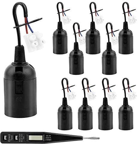 MXTIMWAN 10 Stück Lampenfassung E27, Ersatzfassung Renovierfassung, 4A 250V Baustellenfassung mit VDE-Spannungsprüfer, Baufassung E27 mit Kabel für Bauarbeiten, Küche, Wohnzimmer
