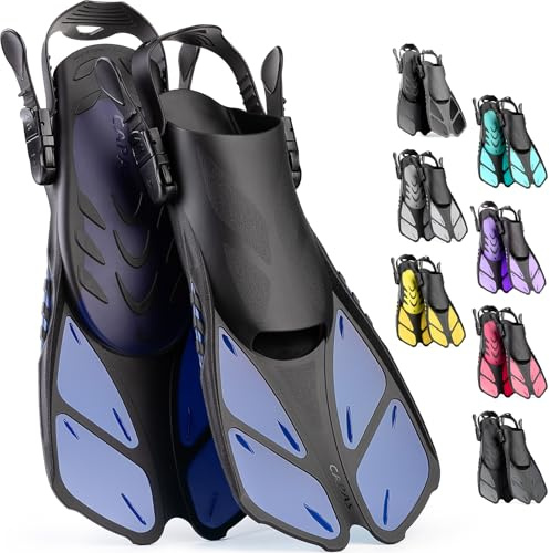CAPAS Schnorchelflossen, Schwimmflossen Reisegröße Kurz Einstellbar zum Schnorcheln Tauchen Erwachsene Männer Frauen Kinder Offene Ferse Tauchflossen (Blau, S/M)