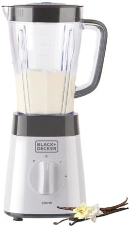 BLACK+DECKER Standmixer | 500W | 2 Geschwindigkeiten | Pulse-Funktion | Glaskrug | 1,5L | Edelstahlmesser mit 4 Klingen | Herausnehmbar und leicht zu reinigen | Weiß und Grau