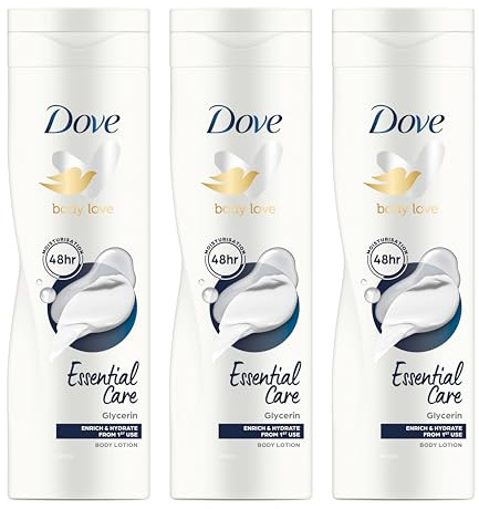 Dove Body Love Feuchtigkeitsspendende Körpermilch, 3 x 400 ml | Essential Care, Für Trockene Haut, 48H Feuchtigkeit, Weiche und Glatte Haut, Mit Glycerin und Ceramide Restoring Serum