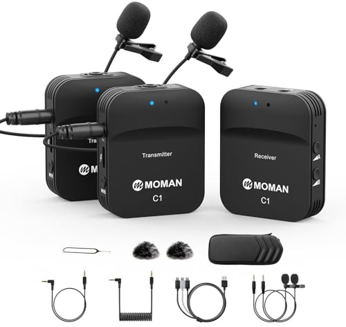 Moman Lavalier Mikrofon Wireless, C1X Ansteckmikrofon Kabellos System bis zu 50m für DSLR Kamera Camcorder Smartphone PC Laptop für Interview Online Meeting und Kurs Live Streaming Videoaufnahme