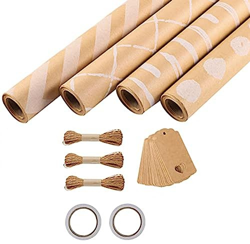 Agwuoetr 4 Rollen Geschenkpapier, Geschenkpapierrolle 43 X 300 Cm/Rolle Geschenkpapier-Set mit 2 Klebebändern, 3 Seilen und 20 Kraftpapieranhängern