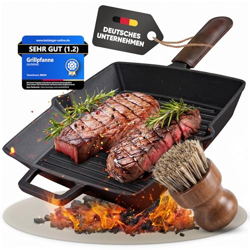 GLUTKÖNIG Grillpfanne Gusseisen emailliert 26 cm, Induktionsgeeignet, kein Einbrennen nötig, eckige Steakpfanne mit Grillrillen, für alle Herdarten und Ofen, inkl. Reinigungsbürste