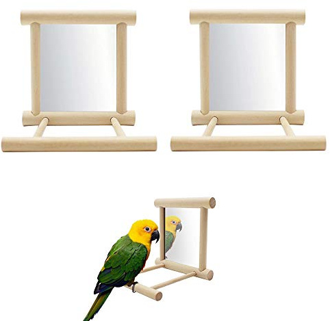Seully 2 Stück Spiegel Vogel Papagei, Stange Vogelständer mit Spiegel, Vogelkäfig Sitzstangen Spiegel Kauspielzeug aus Holz Käfigspielzeug Kakadus für Afrikanisches Grau/Untrennbar