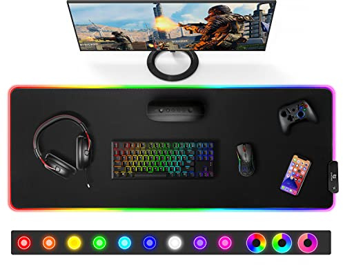 Gimars Gaming Mauspad, 12 LED Beleuchtungsmodi RGB Mousepad XXL, 800x300x5mm, Groß Desk Mat Gaming Zubehör mit wasserdichte Oberfläche, 5mm Rutschfester Gummifuß für PC Tastatur