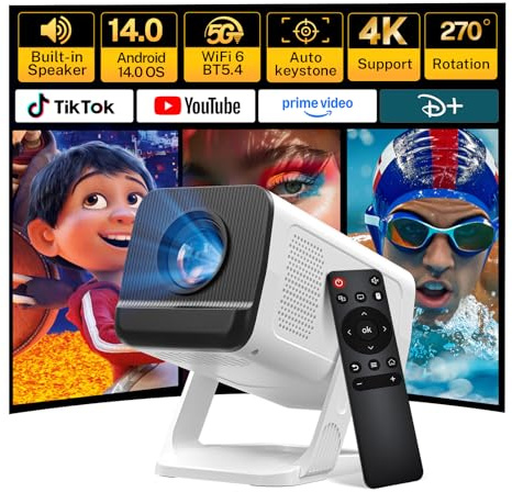 LYNCAST Mini Beamer mit Android 14, Klein Smart Projektor Native 720P (4K Dekodierung), WiFi 6 & Bluetooth 5.4, Auto-Keystone, Portable TV Projector Kompatibel mit iOS/HDMI/USB/iPhone, Weiß