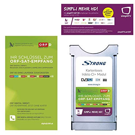 STRONG Kartenloses CI+ Modul, Irdeto CI Modul ORF DIGITAL DIREKT und simpliTV SAT (CAM HDTV, Free-to-Air, DVB-S2) nur für Österreich geeignet, Irdeto Cardless CI+ CAM, Silber
