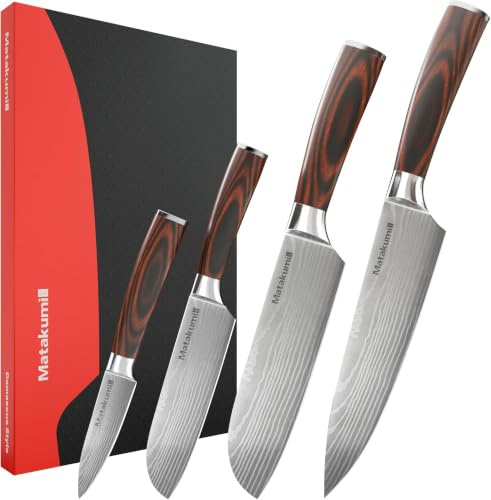 Matakumi Messerset 4-teilig, Damastmuster, Kohlenstoffstahl, scharf | Küchenmesser Set, japanischer Stil, scharfe Messer, ergonomische Griffe, im Karton als Geschenkverpackung geeignet