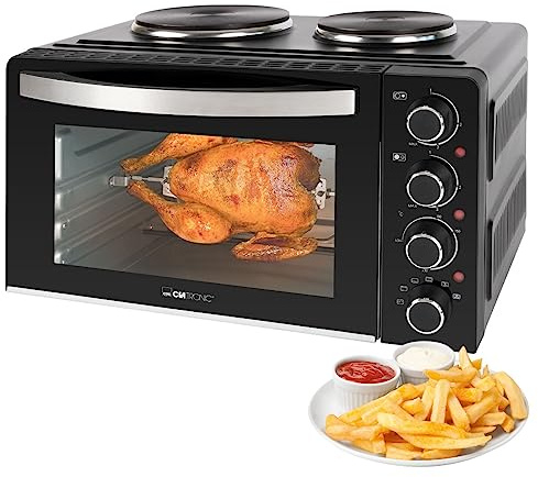 Clatronic® Mini-Backofen mit Kochplatten und Drehspieß | gleichzeitig kochen u. backen | Minibackofen 28L Umluft Ober-/Unterhitze 100°-230°C | Elektrischer Mini Ofen 3100 Watt inkl. Zubehör | KK 3786
