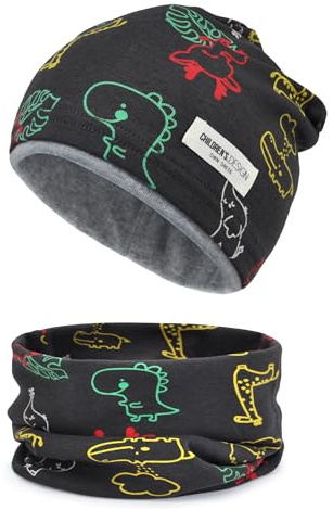 beifon Kinder Beanie Mütze & Loop Schal Set, 95% Baumwolle Mütze Schal Set Mädchen Jungen 2-8 Jahren, Schlauchschal Warme Wintermütze Strickmützen für Herbst Winter Frühling