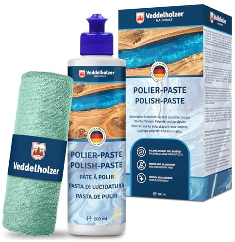 Veddelholzer 200 ml Profi Polierpaste + Polierschwamm für Epoxidharz Möbel Tisch, Acrylglas, Polyester, Gelocat sowie Glasfaser und Carbonfaserverstärkte Kunststoffe. Hochglanz Zubehör