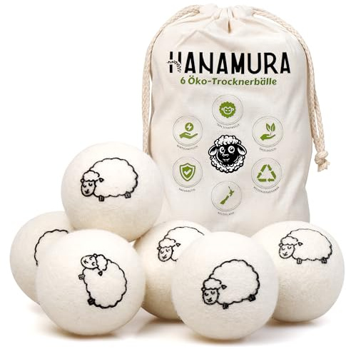 Hanamura Trocknerbälle für Wäschetrockner - 6er-Satz aus 100% neuseeländischer Schafwolle, XXL ökologische trocknerbälle daunen - Weichspüler für Weiche & Flauschige Wasche - Mit Aufbewahrungstasche