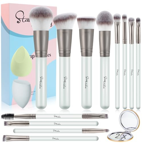 Pinselset Makeup Start Makers 12 Stück Make up Pinsel Set Foundationpinsel Premium Lidschatten Blush Puderpinsel Concealer Schminkpinsel Set mit 2 Blender-Schwämmen und Spiegel, Grau