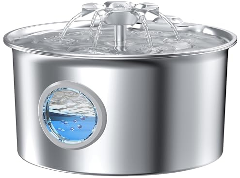 Katzenbrunnen Edelstahl Trinkbrunnen für Katze: Katzentrinkbrunnen - 2.6L Katzenbrunnen für Katzen - Wasserspender Katzen - Wasserbrunnen für Hunde mit Wasserstandsfenster - Blumen Wasserfall Design