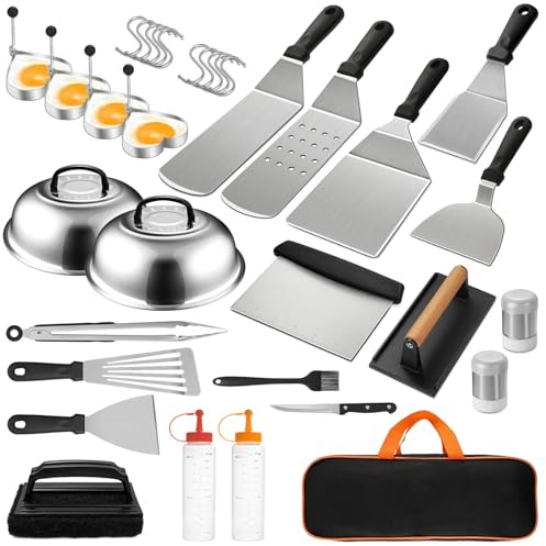 35 Stück Grillspachtel Set aus Edelstahl - Teppanyaki Grillschaufel Set, Smash Burger Set, mit Burger Glocke & Plancha Zubehör, für Grillen, Picknick, Camping