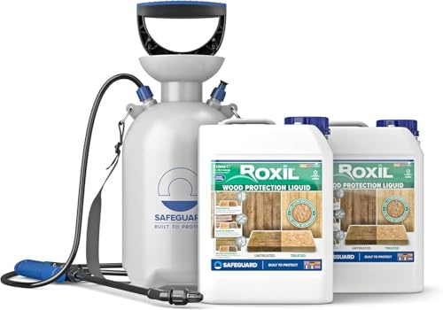 Roxil Holzlasur 2 x 5 L & Sprayer, Transparent, Holzlasur außen wetterfest | Bis zu 10 Jahre Witterungsschutz und Hydrophobierung für Weichholz und gealtetes Hartholz. Ideal für Holzmöbel, Gartenmöbel