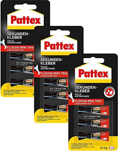 Pattex Sekundenkleber Flüssig Mini Trio / Lösungsmittelfreier Flüssigkleber / Schnell trocknend, wasserfest und transparent / 3 x 1g (9 Tuben, 3 x 1g)