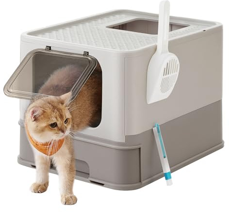 Feandrea Katzentoilette, mit Deckel, ausziehbares Tablett, weniger Spuren | Katzenklo, geräumig für Katzen bis 15 kg, Schaufel, Bürste, auslaufsicherer Boden, Hellmokka, BOXAL Kollektion PPT001G01
