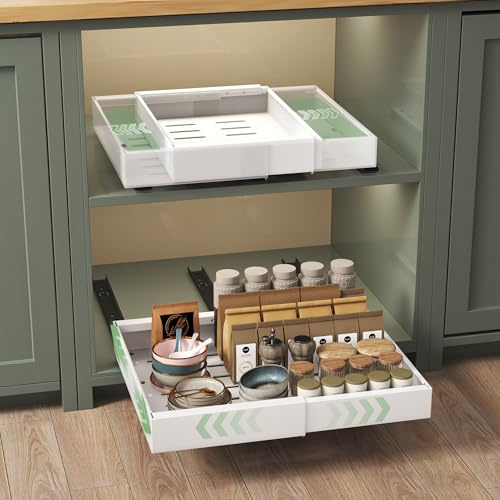 NETEL 2 stück Teleskopschublade,Ausziehbarer Schubladen küche, Einstellbare Breite 32-52cm,Tiefe 42cm mit Kleber,Kein Bohren,für Küche Pantry Organisation,küchenschrank Organizer weiß