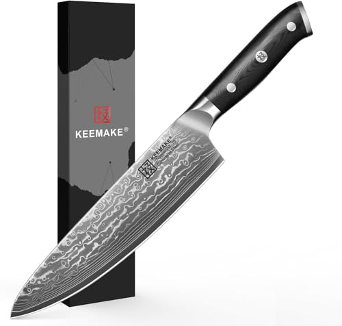 KEEMAKE Damastmesser 8 Zoll Kochmesser – Profi Küchenmesser aus VG-10 Damaststahl, scharfes Fleischmesser & Allzweckmesser für Hobby- & Profiköche, Ergonomisches G10-Griff, Vatertagsgeschenk für Papa