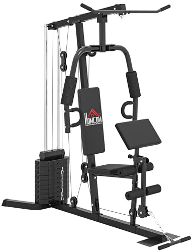 HOMCOM Kompakte Kraftstation, Multifunktionale Fitnessstation, Multistation mit Butterfly, Bizepscurl, Latzug, Beinstrecker, 45 kg Gewichtsblock Krafttraining Schwarz