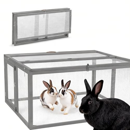 Klappbarer Kaninchenstall aus Zedernholz mit Sonnenschutzplatte – Grau, 110x94x54 cm, Freigehege mit wetterfester Abdeckung für Innen & Außen