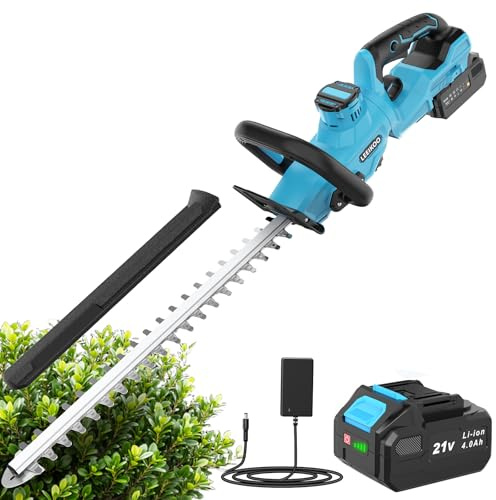 LEEIKOO Heckenschere Akku, Heckenschere Elektrisch mit 4000mAh Akku, 180° Verstellbare Heckenschere, 51 cm Klingenlänge, 16 mm Zahnabstand, Klingenabdeckung für Hecken, Äste, Sträucher, Zweige
