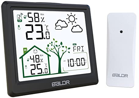 LEVIPE Wetterstation Funk mit Außensensor, Digital Homradise Funkwetterstation mit Innen Außen Temperatur- und Luftfeuchtigkeit Wettervorhersage, Wecker, Uhrzeitanzeige (Schwarz)