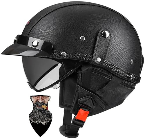 Retro Leder Halbschalenhelm ECE-zertifizierter -Design mit Hochfestem ABS PC-Visier - Abnehmbares Innenfutter, Schnellverschluss, für Chopper/Moped/Roller - HerrenDamen (C, XL59~60CM)