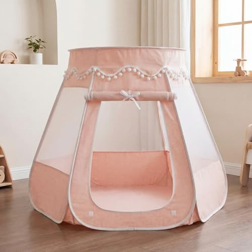 LIONHERZ® DAS ORIGINAL 2in1 Bällebad-Spielzelt für Kinder aus Baumwolle/Hanf [115x93cm] Pop-up Kinderzelt [faltbar & atmungsaktiv] Baby Ballzelt & Spielhaus Indoor | Mädchen (Korallrosa)