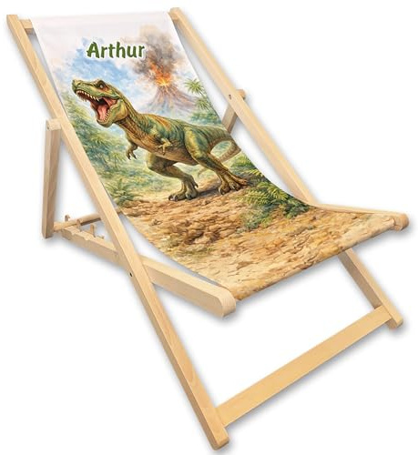 Unikatolo Kinder-Liegestuhl mit Name personalisiert, Strandstuhl (T-Rex) | Geschenkidee Geburtstag Kindergarten Kinderzimmerdeko, Outdoor, Campingstuhl, Strandliege, individuell bedruckt, Dino