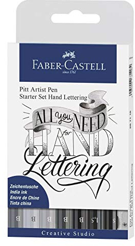 FABER-CASTELL 267118 - Tuschestifte Lettering Starter Set, 9-teilig, Pitt Artist Pens, inkl. Bleistift und Spitzer