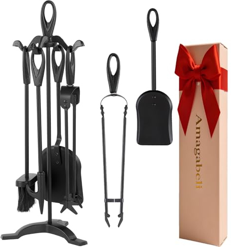 Amagabeli 25.2”(64cm) 5-tlg.Kaminbesteck Sets Schmiedeeisen und Innenausstattung Kaminzubehör Holzhalter Kaminständer Feuerzange Schaufel Antikbürste Schornsteinschürhaken Holzofen (Schwarz)