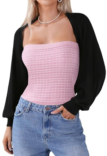 Totatuit Bolero Damen Festlich Kurz Strickjacke Elegant Cardigan Open Front Shrugs Langarm Leichte Jäckchen Boleros Strick Bolerojacke Schulterjacke für Kleider Casual Einfabig Schwarz M
