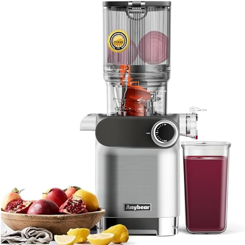 Anybear Entsafter 200W Slow Juicer mit 110 mm großem Einfüllschacht für ganze Früchte/Gemüse | Upgraded Schnecke | Tritan-Material | BPA-frei | Inkl. Saftrezepte (Silbergrau)