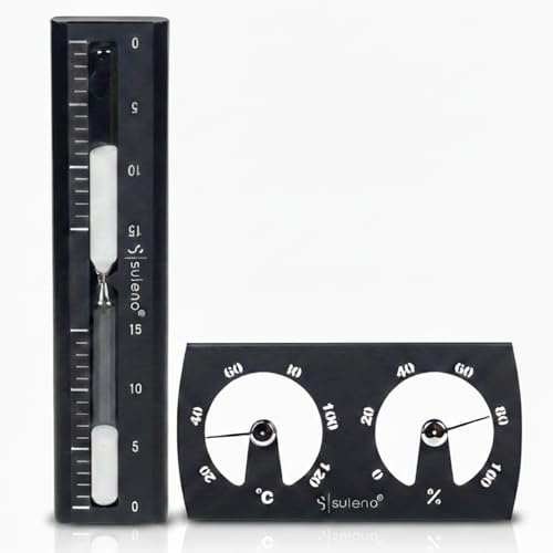 SULENO - Sauna Set KJELL 2-teilig, Sanduhr 5-15 Minuten, Klimamesser, Thermometer 20-120°, Hygrometer 0-100%, Saunazubehör, hitzebeständig, modern, Wandmontage, Sandclock, Zeitmesser (Schwarz)