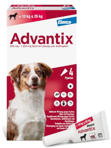 Advantix Spot-on für Hunde 10-25 kg gegen Zecken, Flöhe, Mücken, 4 Pipetten | Wehrt Zecken, Mücken & Stechfliegen ab, bevor sie stechen. Tötet Flöhe schnell ab. Idealer Reiseschutz für deinen Hund.