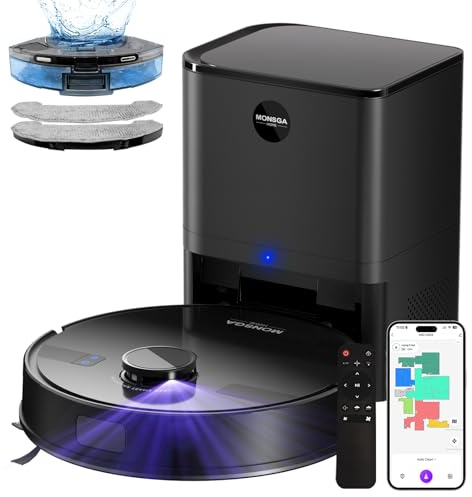 MONSGA Saugroboter mit Wischfunktion, 3.5L Staubsauger Roboter mit Absaugstation, 5000Pa Saugkraft, 180Min Laufzeit, LiDAR Navigation, Starke Saugkraft ideal für Teppich und Tierhaare, APP Steuerung