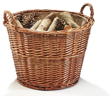 Kobolo Holztrage Holzkorb für Kaminholz - Weide - mit Jutestoff und Henkel ausgestattet - rund