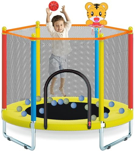 150cm Indoor Outdoor Kindertrampolin mit Sicherheitsnetz | Mini-Trampolin für Kinder inklusive Basketballkorb, robuste Sprungmatte – Ideales Geburtstagsgeschenk für Jungen und Mädchen