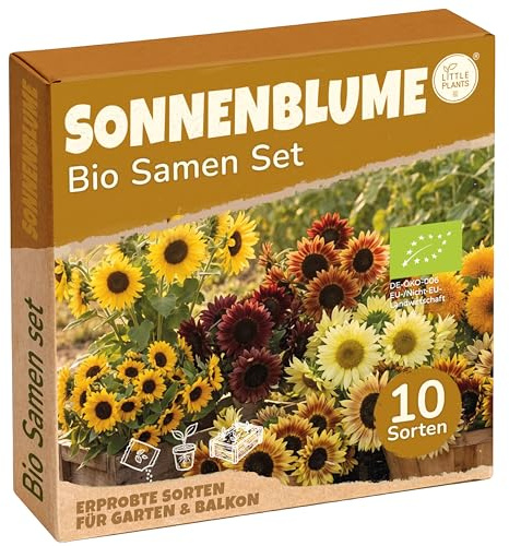 Bio Sonnenblumen Samen Set - 10 Sorten Sonnenblume Samen - Saatgut Sonnenblumen zum Anbauen im Garten - Blumensamen Garten Zubehör