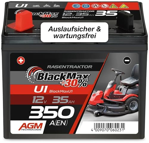 BlackMax Rasentraktor Batterie 12V 35Ah 350A (Pluspol Links) - U1-9 +30% AGM Starterbatterie (12 Volt) für Aufsitzmäher und Rasenmäher-Traktoren, wartungsfrei & wiederaufladbar statt 30Ah 32Ah