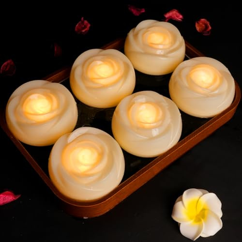 Trulloyoo 6 Stück Schwimmkerzen Weiss Groß, Einzelne Brenndauer 120 Stunden Durchmesser 7mm, LED Blumenförmi Wasserdichte Warmweiße Schwimmkerze Teekerze für Dekorative Romantisches Haushaltkerzen