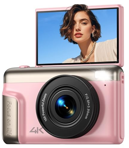 Digitalkamera 4K Fotokamera 64MP Kamera: Vlogging Fotoapparat für Videos mit 3 Klapp-Bildschirm Tragbare Batterie Kompaktkamera mit 16X Digitalzoom für Kinder Anfänger Studenten Rosa(Keine SD-Karte)