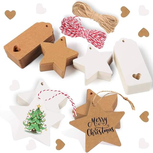 Alintor 100stk. Stern Geschenkanhänger Weihnachten, Weihnachtsanhänger mit 20m Schnur, Geschenkband Weihnachten Anhänger für Likörflaschen, Marmeladengläser, Namensschilder, Flaschenetiketten