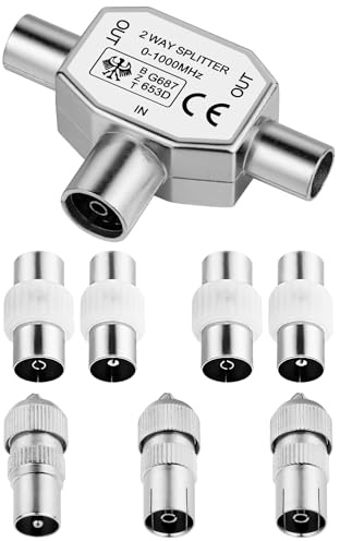 AXFEE 8 Stück Antennen-Verteiler Set, 1 T-Adapter Verteiler + 1 Koaxial Stecker + 2 Koax Buchse, 2 Buchse-zu-Buchse Kupplung + 2 Stecker-zu-Stecker Kupplung, für Digitales TV und Kabel TV